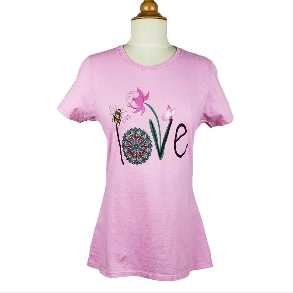 LOVE Graphic T Shirt Mandalla Bee Butterfly Boho Flowers M